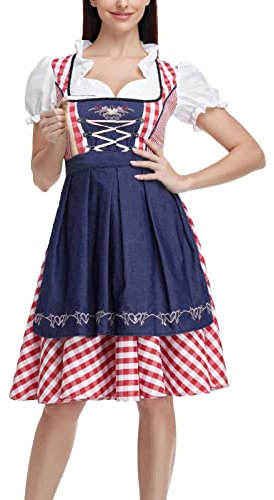 Dirndl Damen Midi Trachtenkleid Damen Hochgeschlossen Dirndlkleid Damen Trachten Kleid + Dirndlbluse Blau Trachtenmode Dirndelkleider Dirndl & Dirndl-Sets für Frauen Mädchen Oktoberfest Outfit