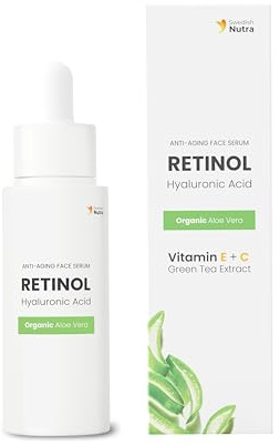 Swedish Nutra Anti-Ageing Retinol Face Serum, 30 ml | Infused with Hyaluronic Acid, Organic Aloe Vera, Vitamin E, C & Green Tea Extract | Collagen Boosting Treatment for Skin Health & Hydration