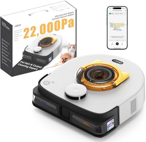 UBPET 22000 Pa Aspirador Robot de Succión para Pelo de Mascota en Alfombras y Suelo, Aspiradores Robóticos Ciclónicos, Robot Limpiafondos con Navegación LiDAR, Control Wi-Fi/App, Autocargable, V10