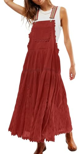 CHARTOU Women Bib Overall Dress Jumper Babydoll Pinafore Dress Embroidered Lace Maternity Straps Suspender Dress, Red, XL