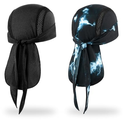 MELASA Mesh Do Rag Bandana Cap, Cooling Skull Cap Helmet Liner, Sweat Dew Rags Head Cover for Cycling Motorcycle Running(Black & Lightning Illusion)