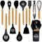 Premium 12-Piece Silicone Kitchen Utensil Set - Heat Resistant up to 230°C, BPA Free Non-Stick Cookware with Solid Beechwood Handle, Black