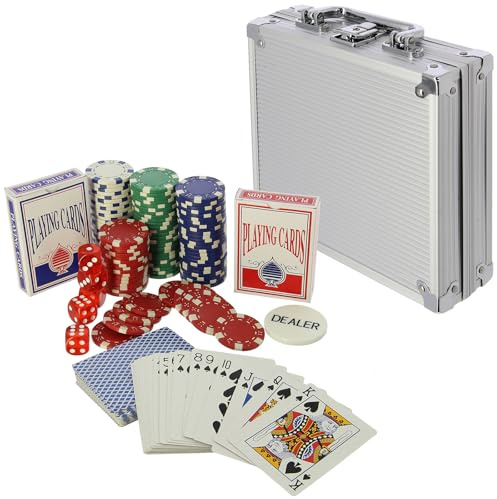 Casino Poker Set Texas Hold'em Game 11.5g Profesional Chips Deck Cards & Dice in Aluminium Case 100/300/500pc Complete (100pc Set)