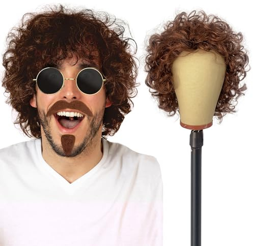 UILYNIU Hombres Peluca Bigote y Gafas de sol Hippie Disco Afro Peluca Rizada 70s 80s Rizada Hombres, Marrón Rock para Disfraz Halloween Carnaval Fiesta Cosplay (Marrón)