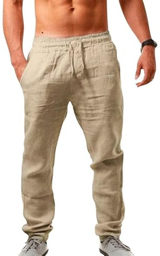 Litthing Pantalon en Lin Homme Pantalons en Coton Yoga Été Décontracté Plage Taille Elastique Léger Pants avec Poches à Cordon de Serrage