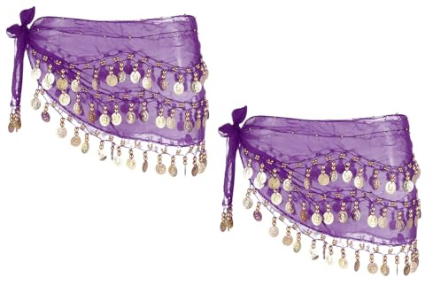 sourcing map Belly Dance Hip Scarf 57x11, 2 Pack Women's Belly Dance Costume Skirt Wrap with 72 Gold Coin for Dance or Yoga Class, Dark Purple