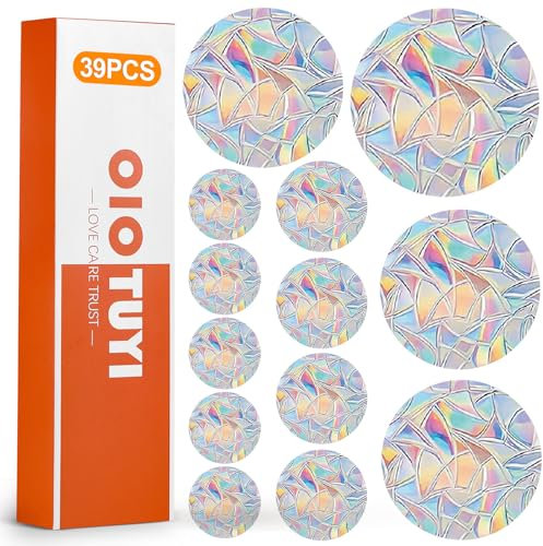 OioTuyi 39 Stück Prisma Fensteraufkleber: Suncatcher Sticker, Regenbogen Fensterfolie, Vogelschutz Anti-Kollision, Elektrostatisch Unsichtbare Fenstersticker Deko
