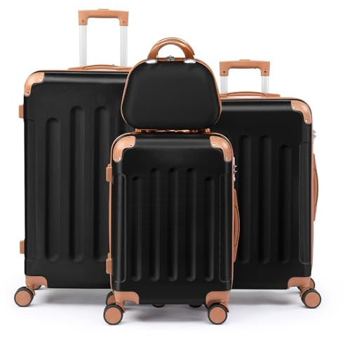 LEADZM Set de 4 Valises de Voyage avec Vanity Case (Noir-Marron) | Valise Grande Taille & Cabine, Set de Bagage pour Voyage, ABS avec Coins Renforcés, roulettes Pivotantes 360° et Cadenas