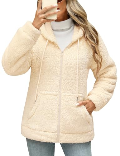 Yuson Girl Sweatshirt med dragkedja fleece med huva teddyjacka sweatshirts vintertröja höst varm termisk huvtröja lättviktig tröja ytterkläder långärmad med huva och fickor, Beige, XL