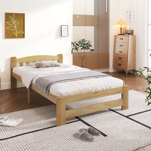 OKMYHOME Lit en Bois Massif 90x200 cm - Classique Lit Simple avec sommier - Pin - Naturel - sans Matelas