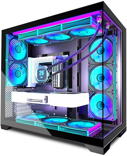 ANSAITE PC CASE 9 PWM ARGB Fans Pre-Installed, Mid-Tower Gaming PC Case, Panoramic Tempered Glass Computer Case with Type-C,420mm&360mm Radiator Support，Black,K9