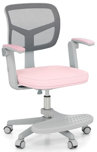 COSTWAY Kids Computer Desk Chair, Ergonomic Children Task Study Chairs with Lumbar Support, Adjustable and Swivel Mesh Chair for School Home Office (with Footrest, Pink, 57 x 55 x 80-91cm)
