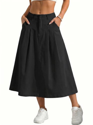 GRECERELLE Womens Summer Long Skirts Ladies Casual Maxi Solid Cargo Skirt Elastic High Waist A-Line Dress with Pockets for Women UK