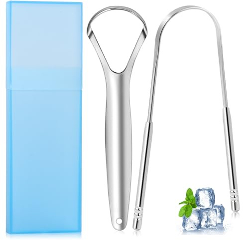Brencco Pulisci Lingua in acciaio, Raschietto lingua con Custodia, 2 Pezzi Nettalingua, Tongue Scraper per Igiene Orale, Riutilizzabile Set