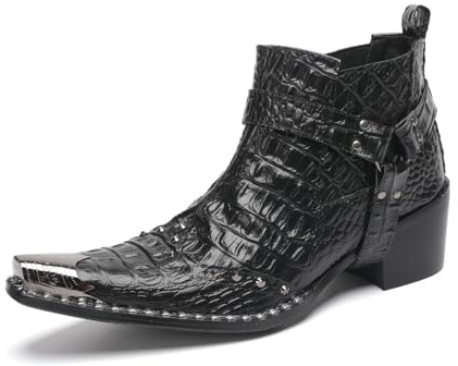 Yhsdfcn Botines Chelsea Cowboy de Cuero para Hombre con Tacón de Bloque, Botas Western Efecto Cocodrilo y Punta Grabada,Negro,44 EU