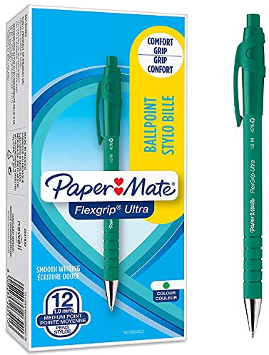 Paper Mate Flexgrip Ultra Retractable Ballpoint Pens | Medium Point (1.0mm) | Green | 12 Count