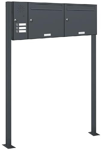 AL Briefkastensysteme 2er Standbriefkasten Anthrazitgrau RAL 7016 mit Klingel als 2 Fach Briefkastenanlage in Postkasten Doppel-Briefkasten Design modern