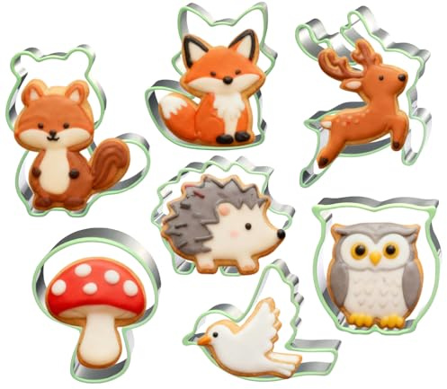 LUBTOSMN 7 Piece Forest Animal Cookie Cutters Set with Silicone Protective Rim, Stainless Steel Woodland Cookie Cutters for Cookies, Fondant, Sandwiches, Biscuits, Pancakes and Forest Party Baking