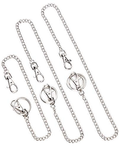 AIEX 3 Stück Hosenkette - Taschenkette, Gliederkette, Silberner Schlüsselanhänger mit Zwei Karabinerverschlüssen und Zwei Schlüsselringen für Schlüssel, Jeans, Taschen - 32 cm, 48 cm, 52 cm