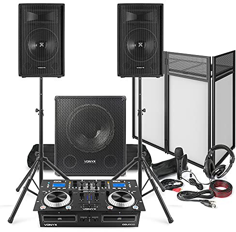 Mobile Disco Setup Complete DJ Package: CD Mixer with Amp, 2x 10” Passive Speakers, Active 15” Subwoofer, DJ Booth, Speaker Stands, Mic, Headphones & Cables – All-In-One PA System for DJs & Events