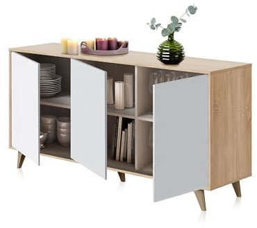 Habitdesign Aparador 3 Puertas, Bueffet para salón, Armario Auxiliar, Modelo Kikua Plus, Acabado en Blanco Artik y Roble Canadian, Medidas: 154 cm (Ancho) x 75 cm (Alto) x 40 cm (Fondo)