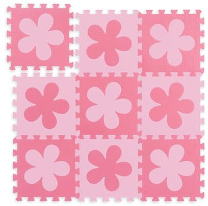 Relaxdays Puzzlematte Blumen-Muster, 9 Teile, Eva-Schaumstoff, schadstofffrei, Spielunterlage 91,5 x 91,5cm, rosa-pink