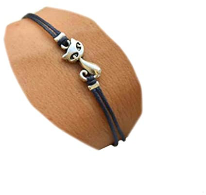 Yheakne - Pulsera de cordón negro estilo bohemia con dije gato, pulsera realizada con cordón de cuero de doble hilo, joyería para mujeres y niñas, excelente regalo para quienes aman los gatos