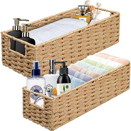 OUTBROS Aufbewahrungskorb geflochten, Rattankorb aus Gewebtem, Deko Aufbewahrungsbox, Organizer Körbchen in Shelf, Arbeitsplatte Toilettentank Regal Schrank, Papierseil,2er Set