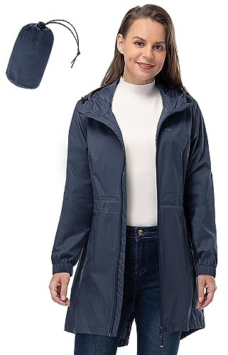 33,000ft Women's Rain Jacket Lightweight Hooded Long Rain Coat Waterproof Jacket Ladies Packable Functional Jacket Windbreaker Breathable Active Outdoor Coats Dark Grayish Blue M/12
