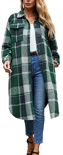 Sukany Women's Casual Lapel Wool Blend Long Plaid Shirt Button Down Long Sleeve Jacket Shacket Green L