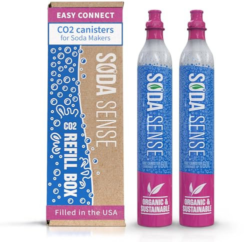 Soda Sense CO2 Cartridges - 2PK Easy Connect 60L CO2 Cylinders, Set of 2 Pre Filled CO2 Tank Gas Refills - Compatible with SodaStream CO2 Quick Connect Pink Snap-On Soda Streaming Machine