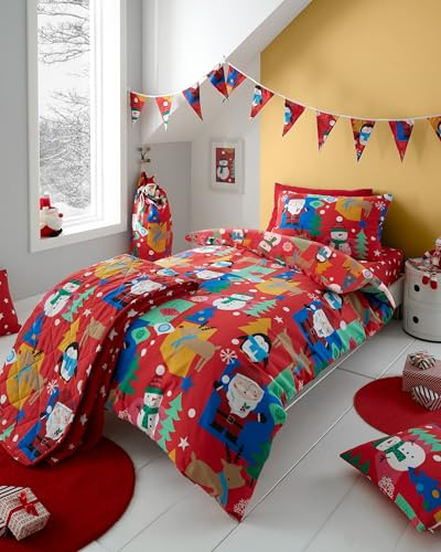 Happy Linen Company Girls Boys Kids Jolly Christmas Xmas Santa Red Toddler Cot Bed Reversible Soft Easy Care Bed Linen Duvet Cover Quilt Bedding Set With Pillow Case