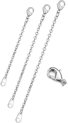 DOLPHERS Cadena de extensión de plata de ley 925, 3 unidades, alargador, cierres de mosquetón, cadena de extensión, cadena de extensión de cadena, pulsera de tobillera para collar, 1 2 3 In, Plata