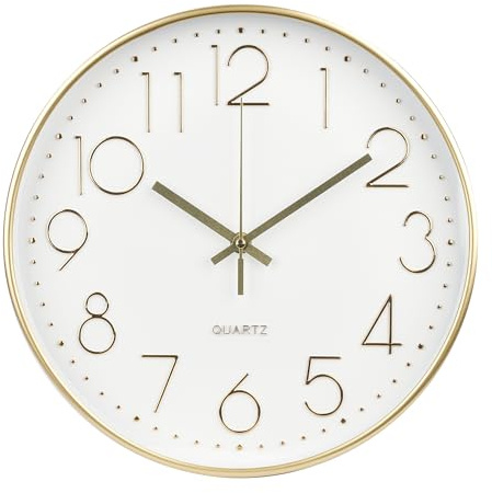 bakbrand Wall Clock 12 Inch Non-Ticking Silent Modern Simple Style Round Decor Clock Gold Stereoscopic Dial Quartz Wall Clocks for Home/Office/School/Living Room/Bedroom/Kitchen
