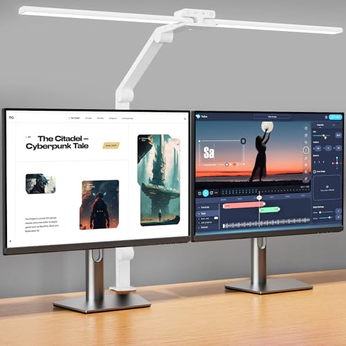 KableRika Lampada da tavolo a LED, dimmerabile, 24W, 80cm, doppia testa ultra luminosa, lampada da tavolo con morsetto, 1200lm, protezione degli occhi, lampada da ufficio con braccio girevole, lampada