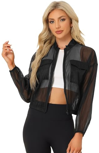 Allegra K Veste bomber transparente Femme Blouson à manches longues et fermeture éclair Noir S