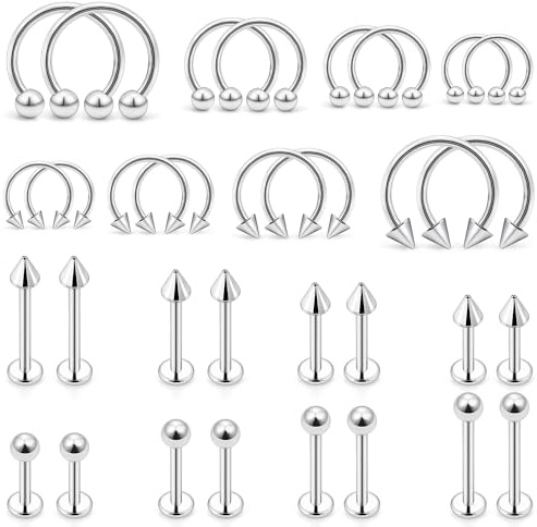 Ovxznts 32PCS 16G Lip Rings Surgical Steel Snake Bite Jewelry Labret Jewelry Monroe Lip Barbell Ring Daith Tragus Helix Piercing Jewelry for Women Men 6mm/8mm/10mm/12mm Silver-tone