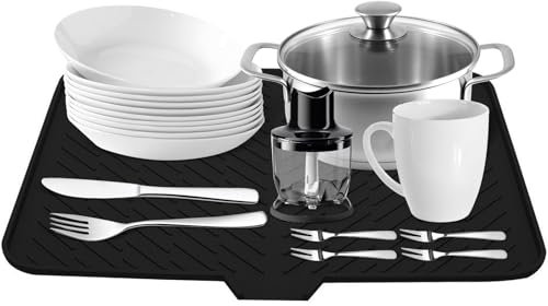 BOUFEIDA Abtropfmatte, Abtropfmatte Geschirr, Abtropfmatte Spüle Silikon mit Ablauf, Silikon Abtropfmatte für Badezimmer Küche Arbeitsplatte, Barmatte, Schwarz, 58 x 43 cm