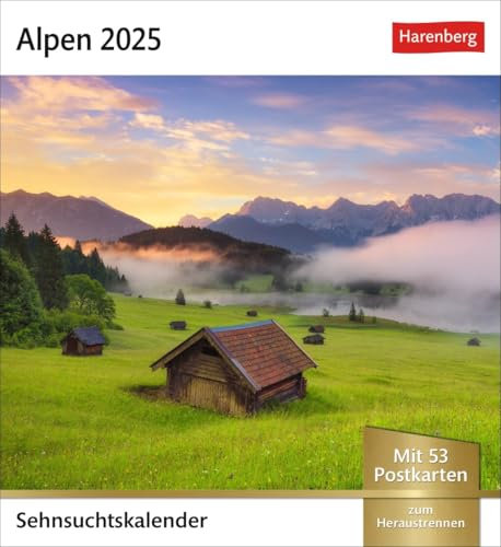 Sehnsuchtskalender Alpen - Kalender 2025 - Harenberg-Verlag - Postkartenkalender mit 53 heraustrennbaren Postkarten - 16 cm x 17,5 cm