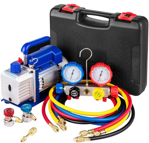 VEVOR 4,8 CFM 1/4 HP vakuumpump för HVAC A/C-kylsystem, 5PA-tryckmätarsats med 4-vägs manometer och slang