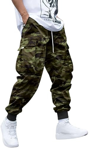 YAOHUOLE Mens Cargo Trousers for Men UK Cuffed Cargo Pants Mens Lightweight Trousers Men Camouflage M