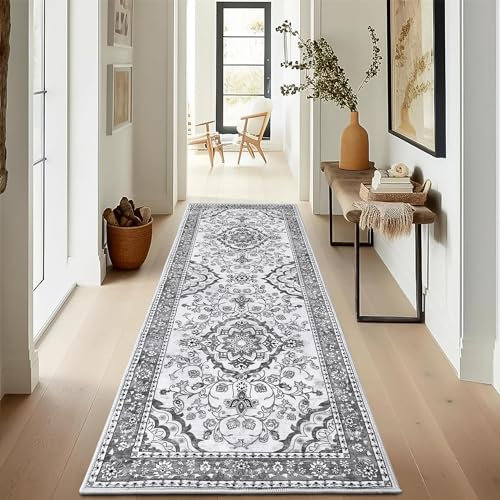 Enyhom Carpet Runners Kitchen 80 x 200cm Machine Washable Hallway Runners Rug Soft Touch Carpet Runners Extra Long Non Slip Entryway Runners for Kitchen Living Room Laundry Room, Grey