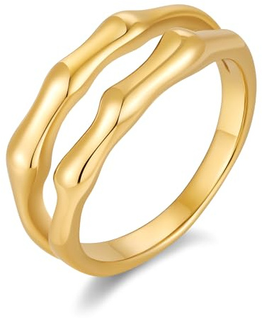 TENTMENTISE Women's 18K Gold Plated Stainless Steel Chunky Bamboo Double Band Ring, Non-Tarnish Stackable Jewelry for Sensitive Skin, Anniversary Wedding Gift Size 7