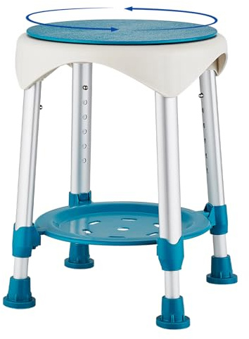 KSITEX Sgabello per doccia, Sgabello Girevole Migliorato per Anziani, Sedile per doccia Girevole a 360°con Piedini in Gomma Antiscivolo, Sedia da bagno Regolabile in Altezza su 6 Livelli con Ripiano