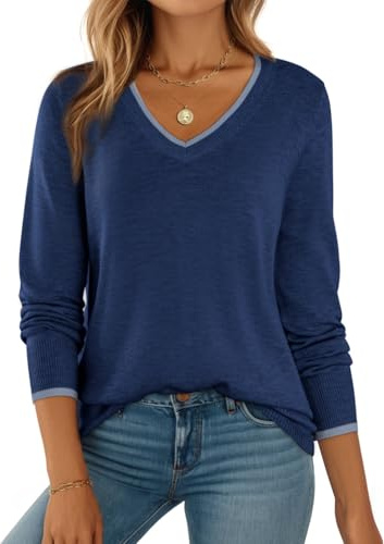 Dokotoo Womens Sweaters Cute Fall 2025 V-Neck Long Sleeve Lightweight Comfy Cozy Ribbed Knit Pullover Sweaters Casual Tops Teacher Outfits Blue Medium