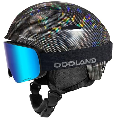 Odoland Ski Helmet, Snowboard Helmet with Ski Goggles for Adults and Youth, Audio Compatible, Shockproof, Windproof, Safety Snow Sports Helmet and Protective Glasses for Men, Black Disco Light, S
