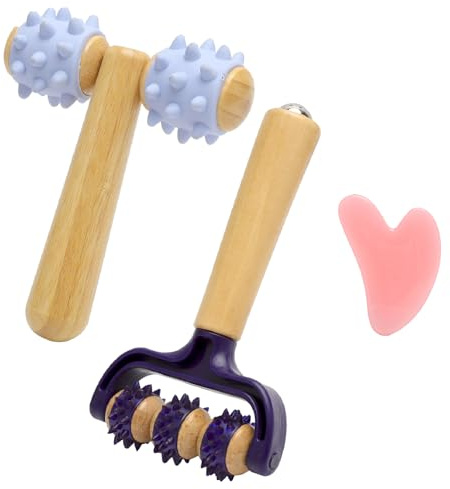 WOKICOR 2 Wooden Massage Roller Set with Hedgehog Ball and Fascia Roller for Legs, Back, Arms, Thighs, Massage Ball for Lymphatic Drainage, Includes Resin Heart Guasha