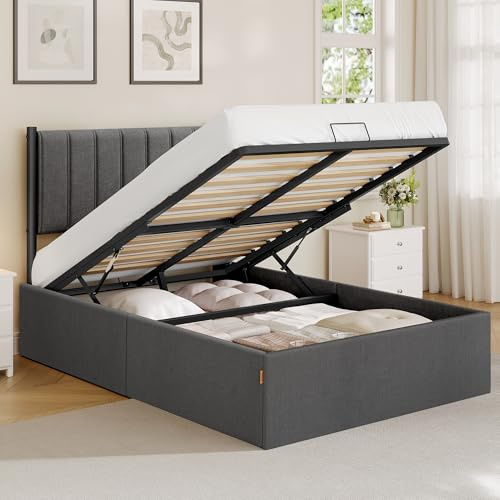 VASAGLE Small Double Bed Frame, 120 x 190 cm, Ottoman Bed with Lift-Up Storage, Hydraulic Lift, Modern Minimalist, Easy Assembly, Slate Grey RMB610GN01