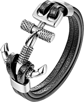 Hanary Double Layer Black Leather Fashion Bangle Bracelet for Men, Jewelry Gift for Men
