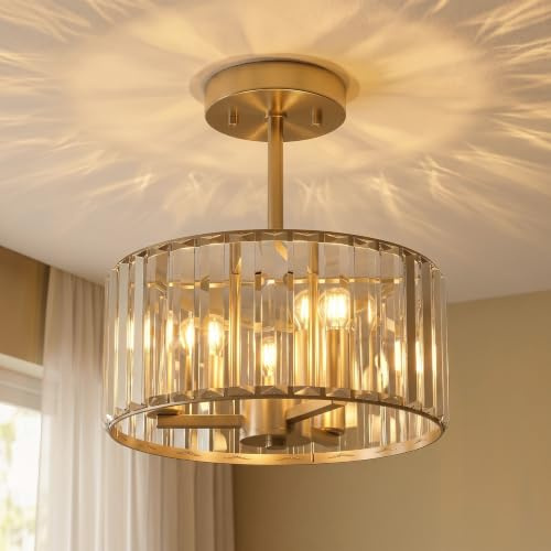 HOMCOM Crystal Ceiling Light Fixture Semi Flush Mount Modern 29 cm, Gold | Crystal Chandelier Ceiling Light, for Living Room Bedroom Hallway Dining Room, E14 Base 3-Lights, Bulbs Not Included